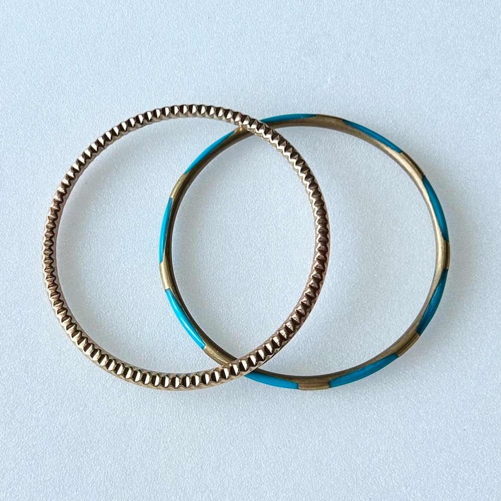 Vintage Brass Bangle Set Turquoise Blue Enamel and Faceted Design Thin 8.5”